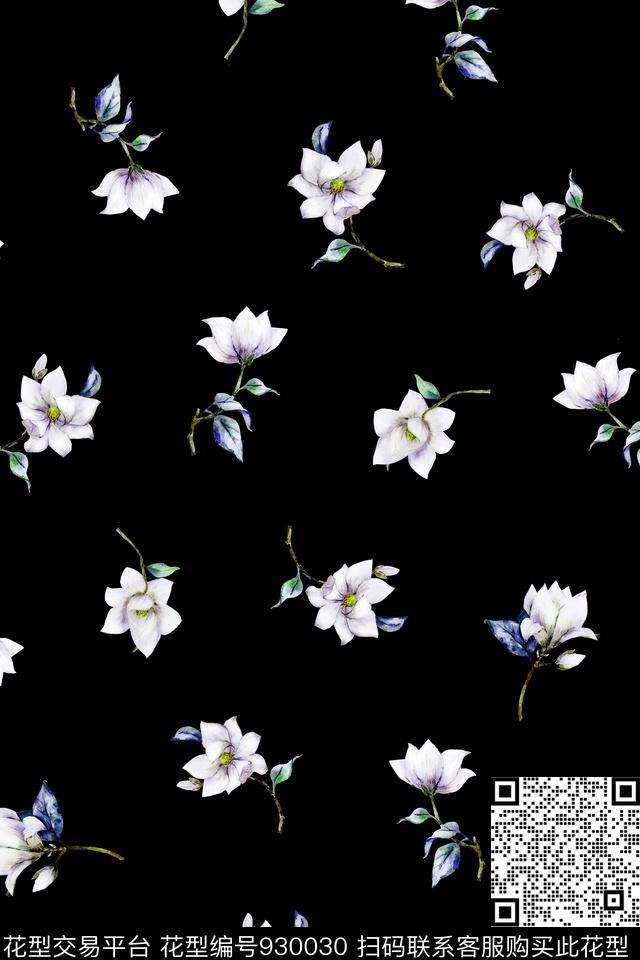 水彩花卉花卉黑底花卉数码印花华亿平台下载（图片编号: 930030） - 瓦栏（Walan）