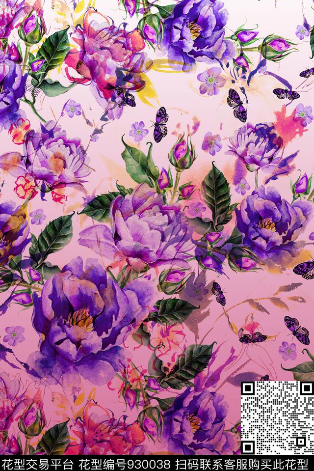 渐变花卉定位花数码印花华亿平台下载（图片编号: 930038） - 瓦栏（Walan）