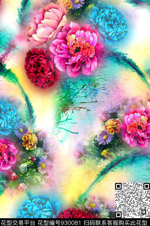 中国风花卉牡丹数码印花华亿平台下载（图片编号: 930081） - 瓦栏（Walan）