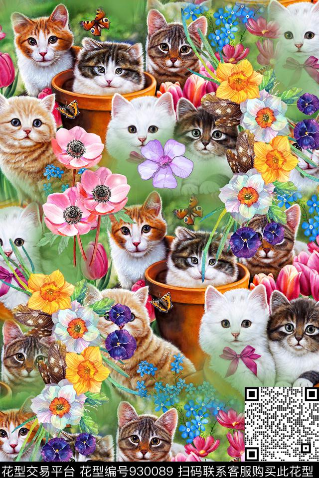 花卉动物猫数码印花华亿平台下载（图片编号: 930089） - 瓦栏（Walan）