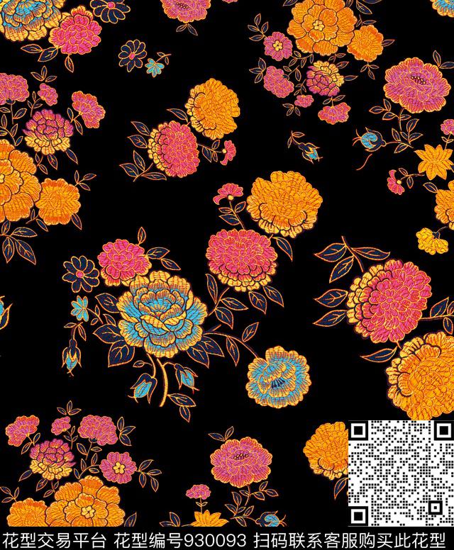 花卉牡丹中国风数码印花华亿平台下载（图片编号: 930093） - 瓦栏（Walan）