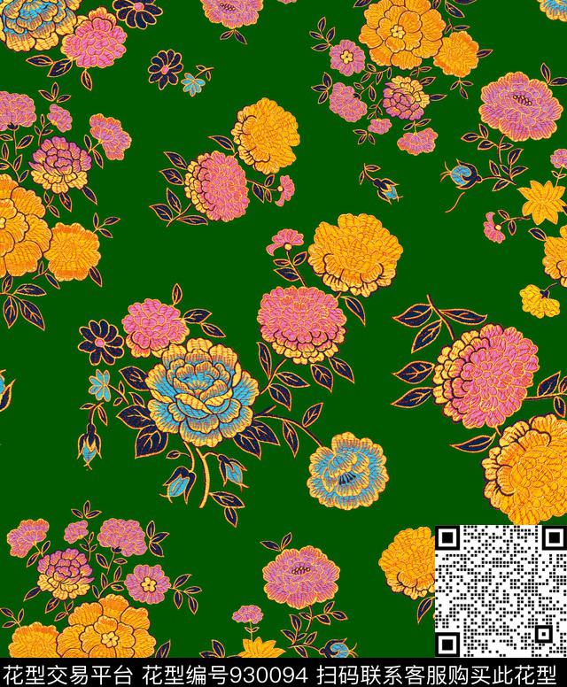 花卉牡丹中国风数码印花华亿平台下载（图片编号: 930094） - 瓦栏（Walan）