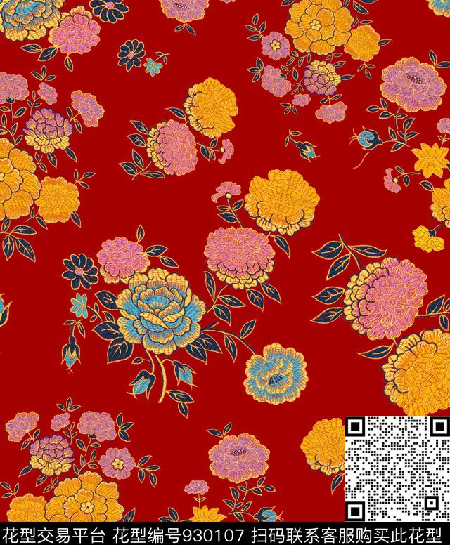 花卉牡丹中国风数码印花华亿平台下载（图片编号: 930107） - 瓦栏（Walan）