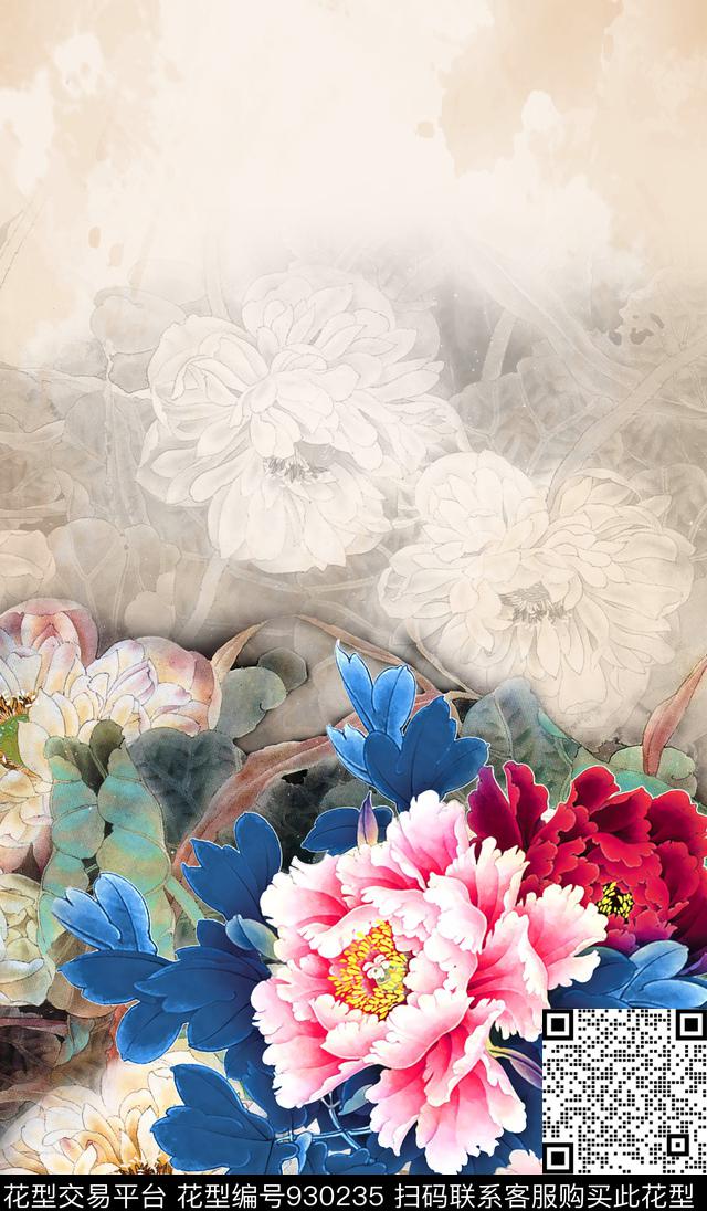 手绘花卉牡丹数码印花华亿平台下载（图片编号: 930235） - 瓦栏（Walan）