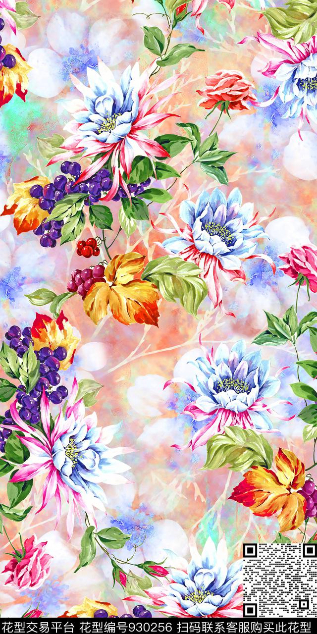 花卉手绘花卉抽象数码印花华亿平台下载（图片编号: 930256） - 瓦栏（Walan）