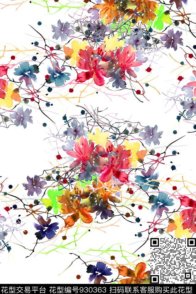 艺术花卉手绘花卉数码印花华亿平台下载（图片编号: 930363） - 瓦栏（Walan）