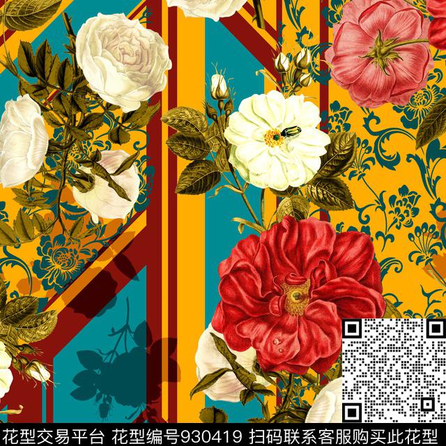 花卉素雅红花白花绿叶数码印花华亿平台下载（图片编号: 930419） - 瓦栏（Walan）
