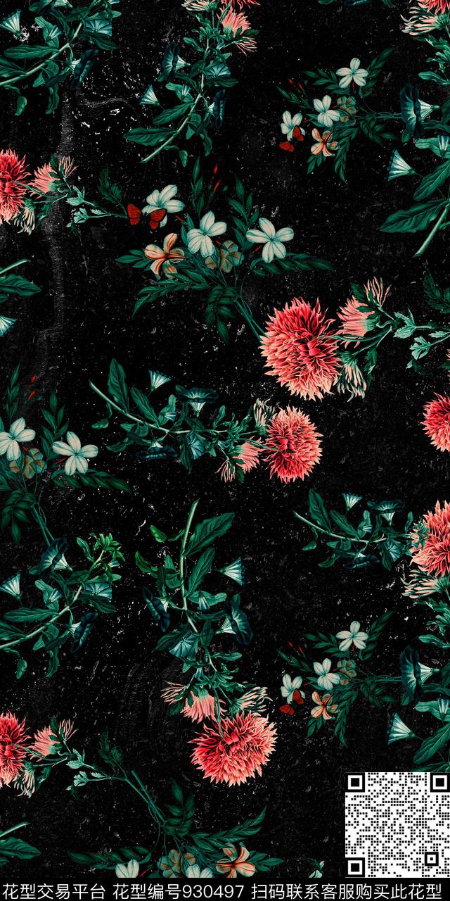 花卉3D立体黑底花卉数码印花华亿平台下载（图片编号: 930497） - 瓦栏（Walan）