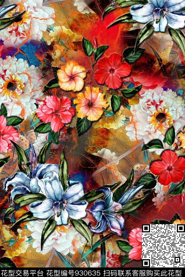 花卉复古3D立体数码印花华亿平台下载（图片编号: 930635） - 瓦栏（Walan）