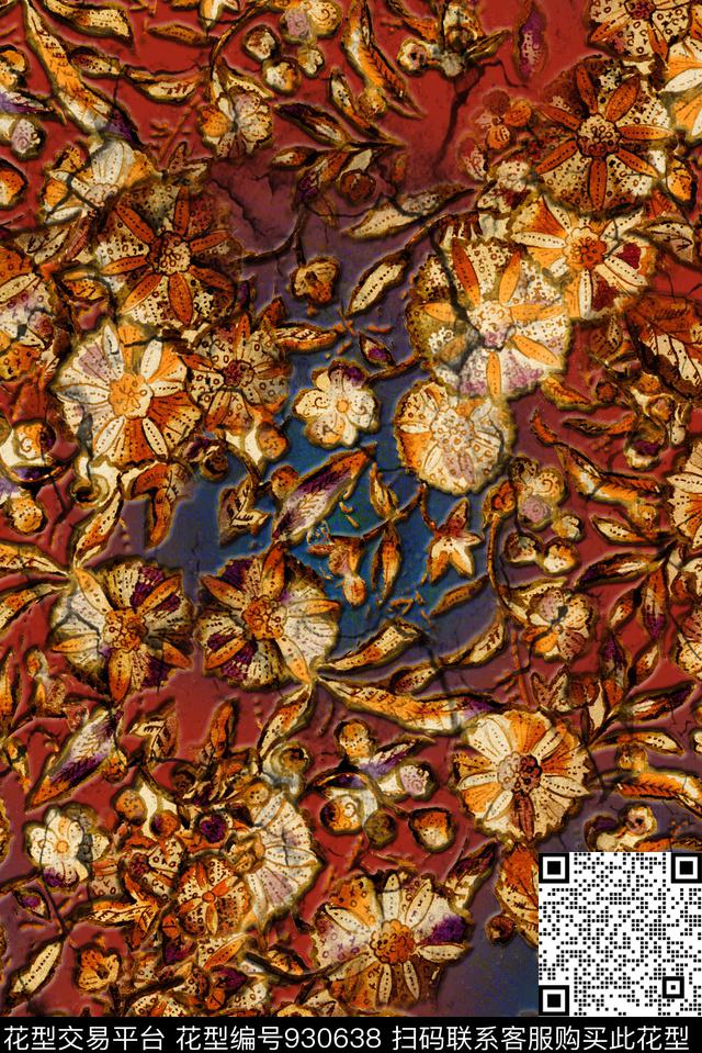 花卉复古做旧数码印花华亿平台下载（图片编号: 930638） - 瓦栏（Walan）