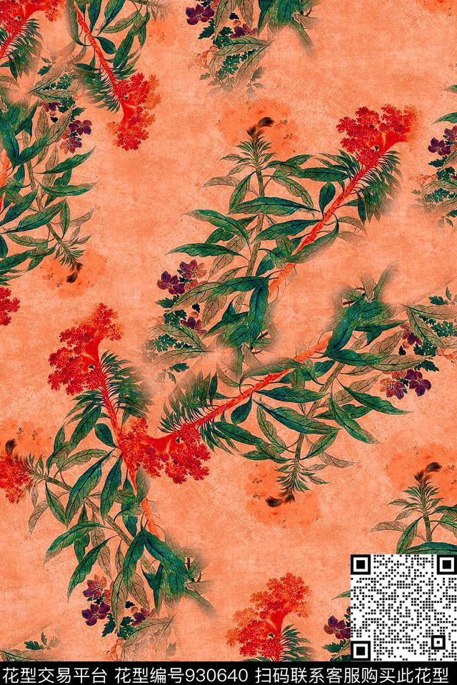 花卉手绘花卉植物数码印花华亿平台下载（图片编号: 930640） - 瓦栏（Walan）
