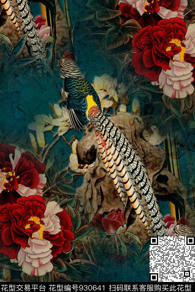 肌理手绘花卉中国风数码印花华亿平台下载（图片编号: 930641） - 瓦栏（Walan）