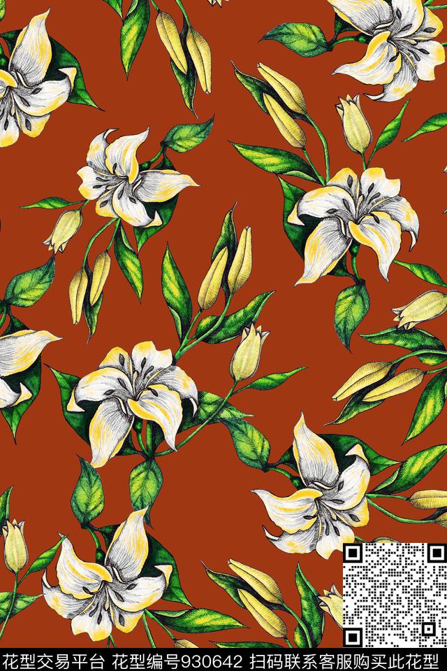 花卉手绘花卉绿植树叶数码印花华亿平台下载（图片编号: 930642） - 瓦栏（Walan）