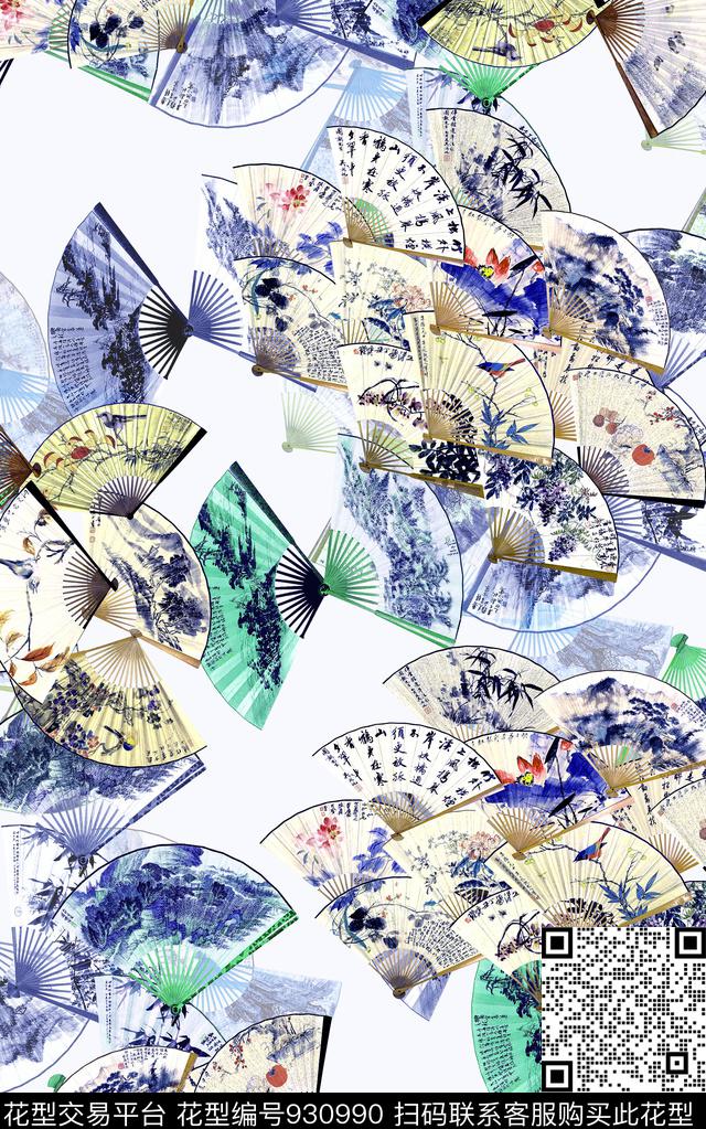 女装中国风折扇数码印花华亿平台下载（图片编号: 930990） - 瓦栏（Walan）
