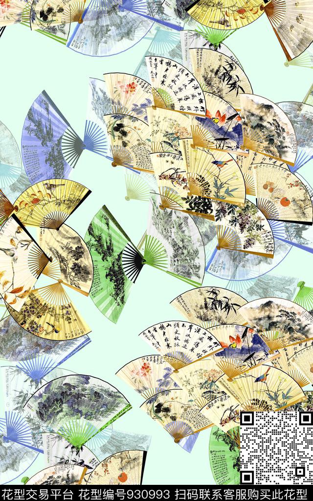 女装中国风折扇数码印花华亿平台下载（图片编号: 930993） - 瓦栏（Walan）