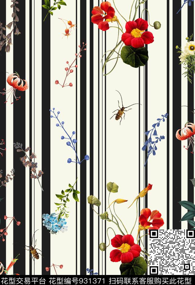 昆虫花卉黑白条纹数码印花华亿平台下载（图片编号: 931371） - 瓦栏（Walan）