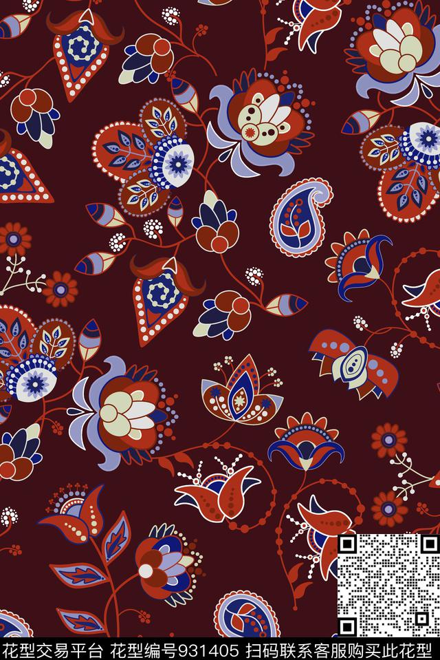 民族风佩斯利满版散花数码印花华亿平台下载（图片编号: 931405） - 瓦栏（Walan）
