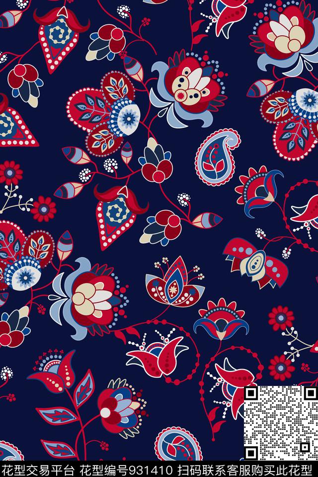 民族风佩斯利满版散花数码印花华亿平台下载（图片编号: 931410） - 瓦栏（Walan）