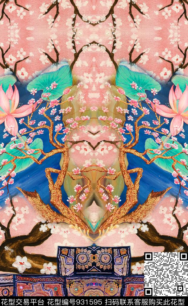 中国风荷花国画数码印花华亿平台下载（图片编号: 931595） - 瓦栏（Walan）