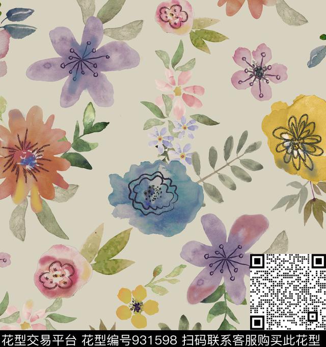 水彩花卉手绘花卉渐变数码印花华亿平台下载（图片编号: 931598） - 瓦栏（Walan）
