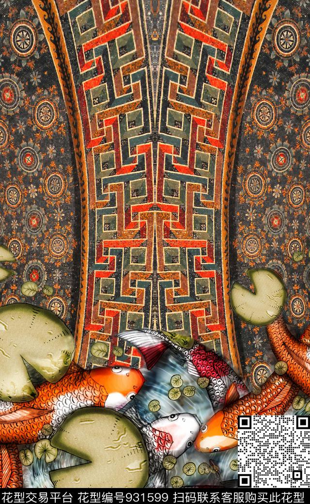 中国风荷花国画数码印花华亿平台下载（图片编号: 931599） - 瓦栏（Walan）