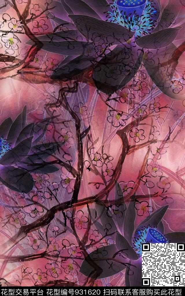 中国风线条水彩花卉数码印花华亿平台下载（图片编号: 931620） - 瓦栏（Walan）