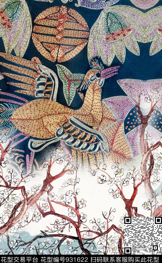中国风花卉树林数码印花华亿平台下载（图片编号: 931622） - 瓦栏（Walan）