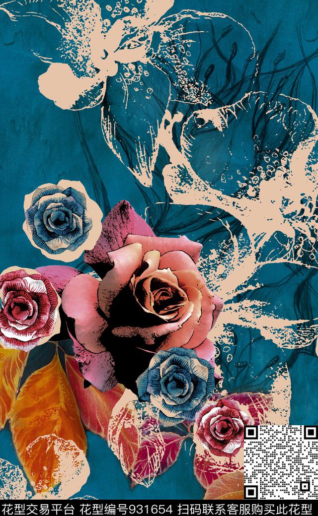 水彩花卉花卉线条花卉数码印花华亿平台下载（图片编号: 931654） - 瓦栏（Walan）