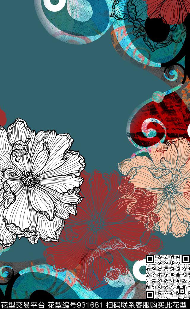 水彩花卉花卉线条花卉数码印花华亿平台下载（图片编号: 931681） - 瓦栏（Walan）