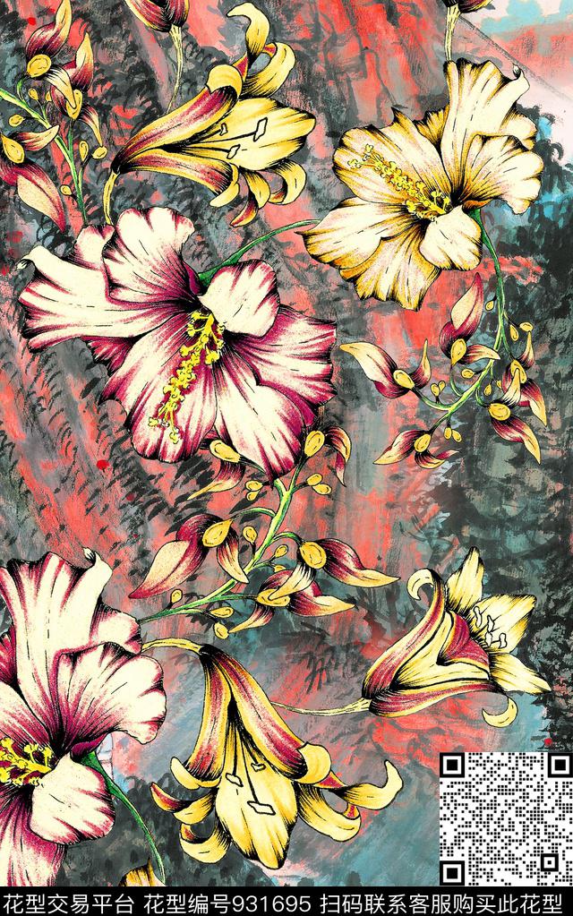 花卉线条花卉肌理数码印花华亿平台下载（图片编号: 931695） - 瓦栏（Walan）