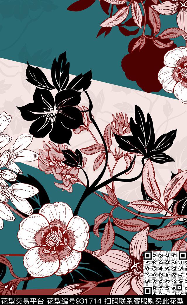 花卉线条花卉几何传统印花华亿平台下载（图片编号: 931714） - 瓦栏（Walan）