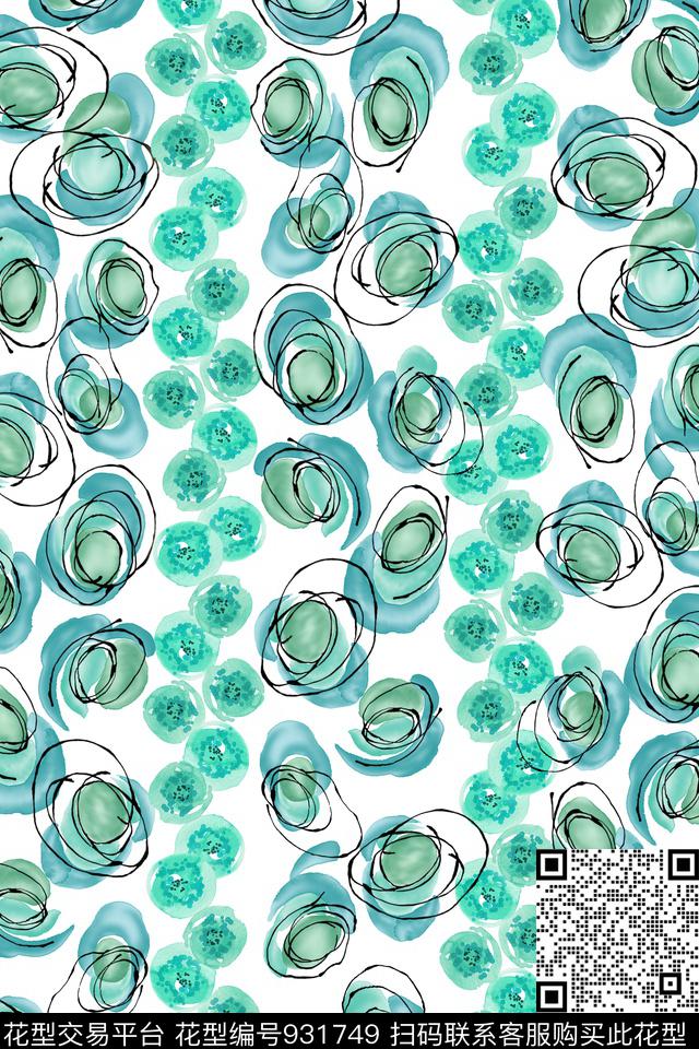 线条几何清爽底花卉数码印花华亿平台下载（图片编号: 931749） - 瓦栏（Walan）