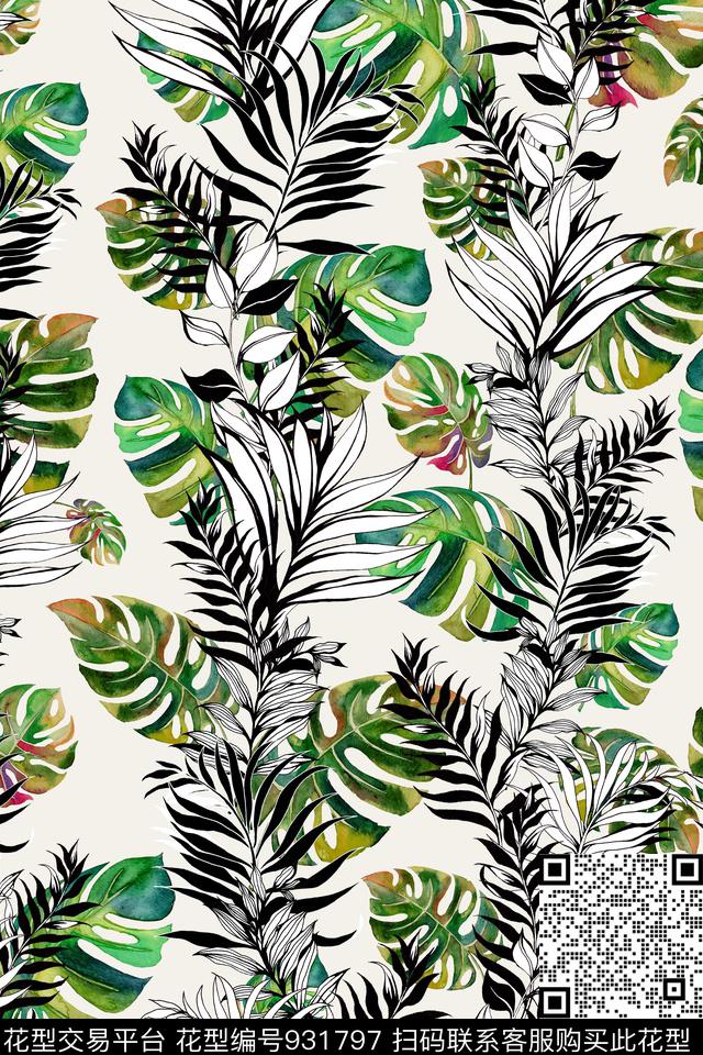 线条黑白枝叶绿植树叶数码印花华亿平台下载（图片编号: 931797） - 瓦栏（Walan）