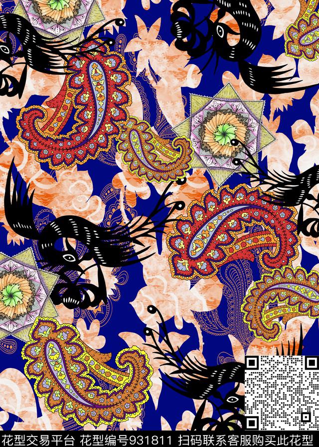 民族风佩斯利混合拼接数码印花华亿平台下载（图片编号: 931811） - 瓦栏（Walan）