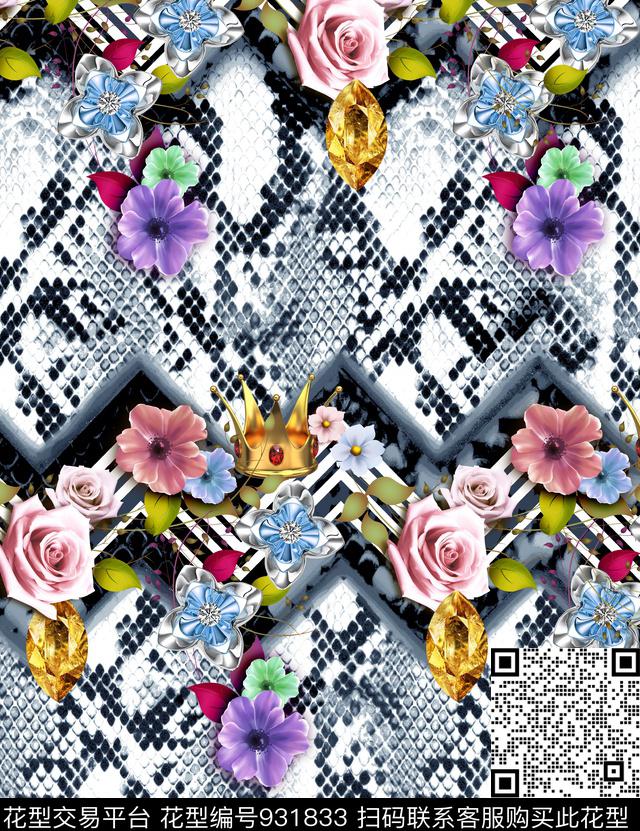 花卉动物纹蛇纹数码印花华亿平台下载（图片编号: 931833） - 瓦栏（Walan）