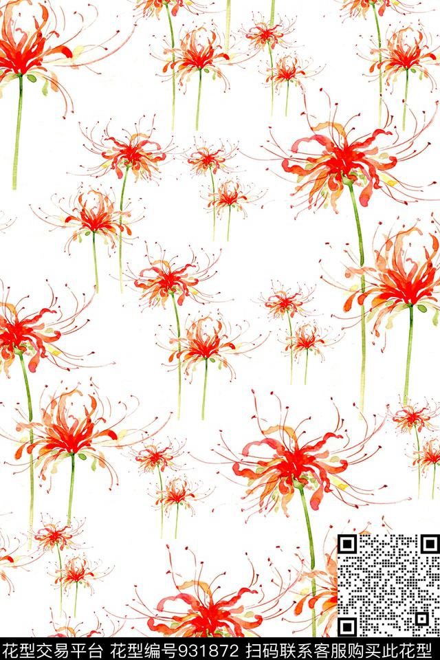 蒲公英菊花白底花数码印花华亿平台下载（图片编号: 931872） - 瓦栏（Walan）