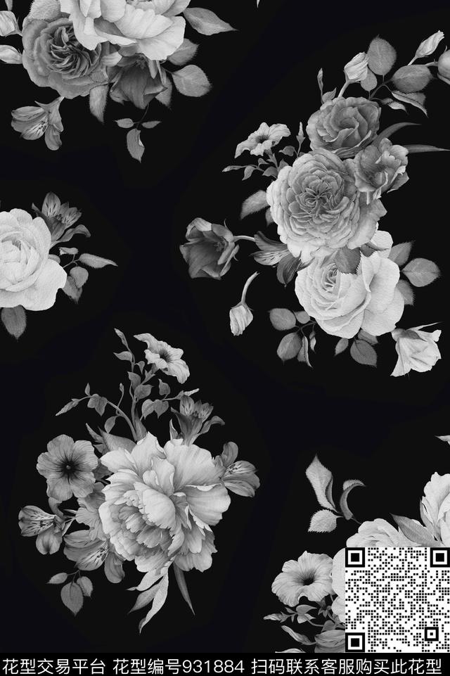 数码华亿平台水彩花卉月季花数码印花华亿平台下载（图片编号: 931884） - 瓦栏（Walan）