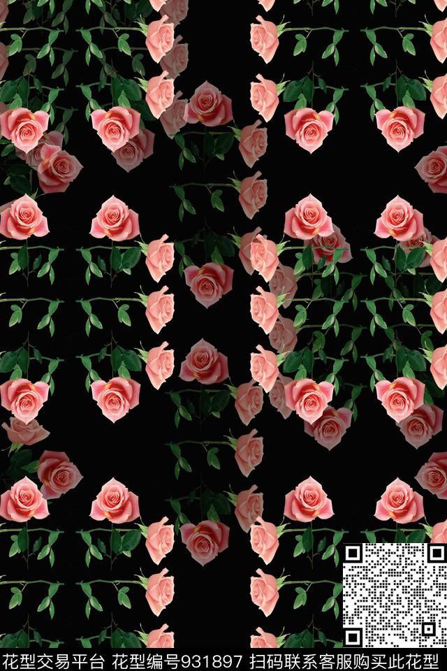 花卉大牌风玫瑰花数码印花华亿平台下载（图片编号: 931897） - 瓦栏（Walan）