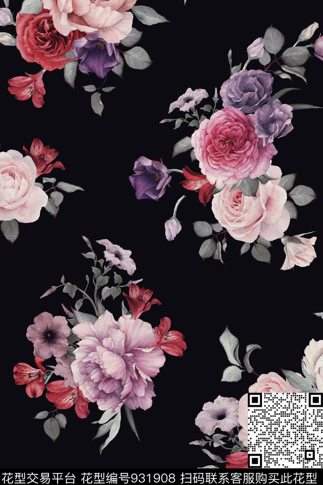 数码华亿平台水彩花卉月季花数码印花华亿平台下载（图片编号: 931908） - 瓦栏（Walan）