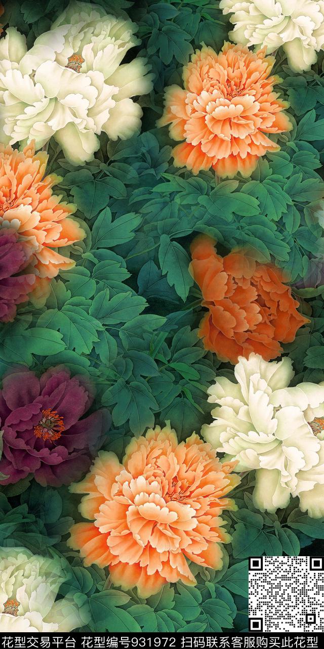 大花牡丹手绘花卉数码印花华亿平台下载（图片编号: 931972） - 瓦栏（Walan）