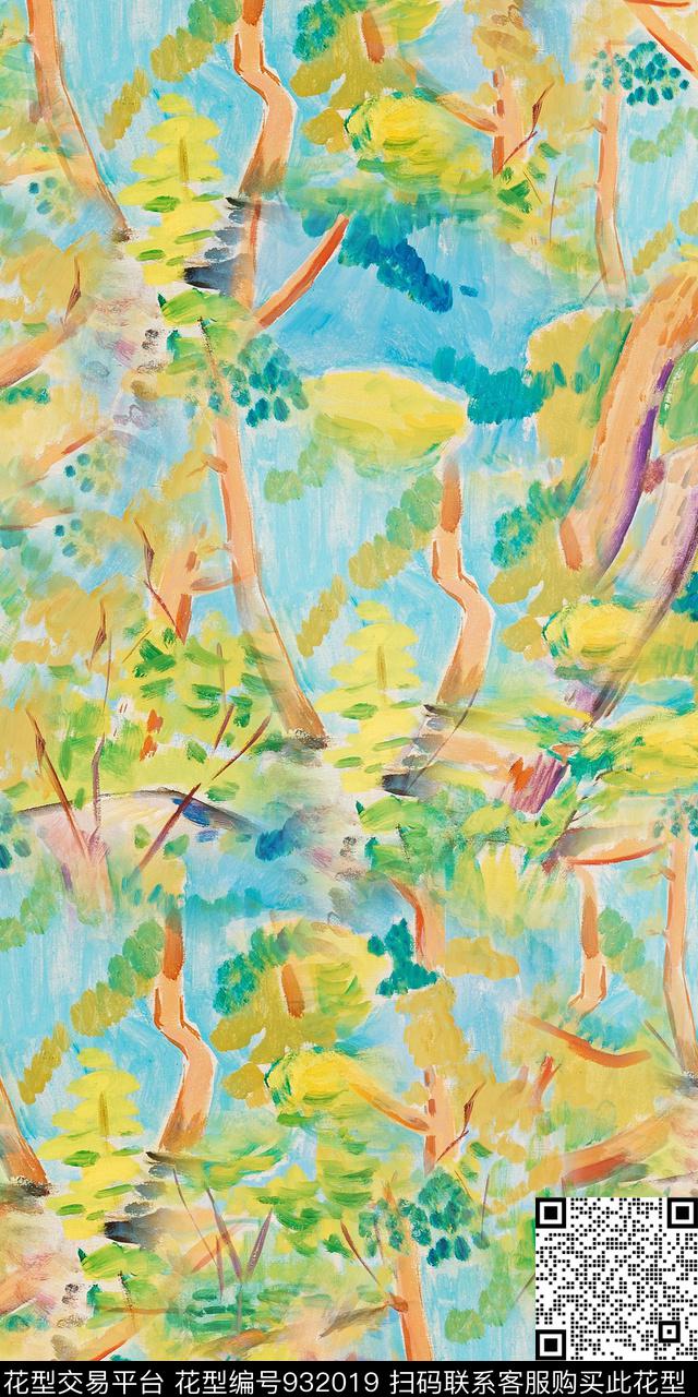 抽象清爽底花卉手绘树枝数码印花华亿平台下载（图片编号: 932019） - 瓦栏（Walan）