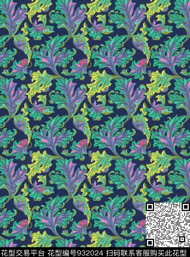 花卉手绘叶子叶子植物数码印花华亿平台下载（图片编号: 932024） - 瓦栏（Walan）