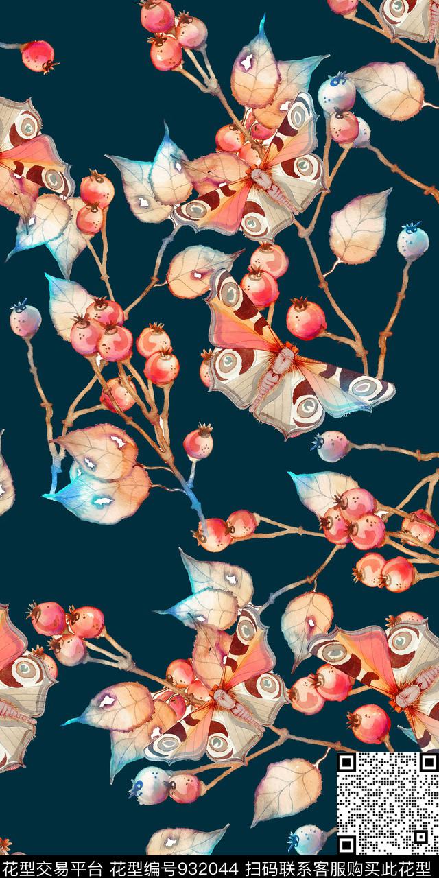 水彩花卉蝴蝶绿植树叶数码印花华亿平台下载（图片编号: 932044） - 瓦栏（Walan）