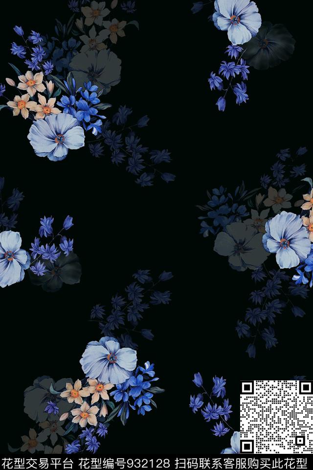 黑底花卉小碎花数码印花华亿平台下载（图片编号: 932128） - 瓦栏（Walan）