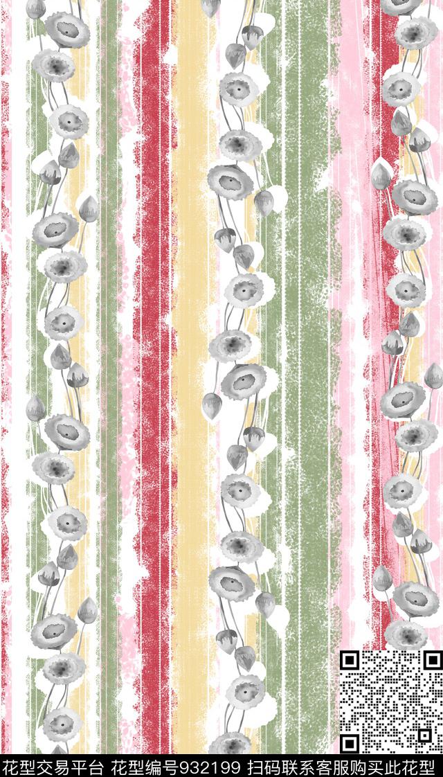 条纹花卉线条数码印花华亿平台下载（图片编号: 932199） - 瓦栏（Walan）