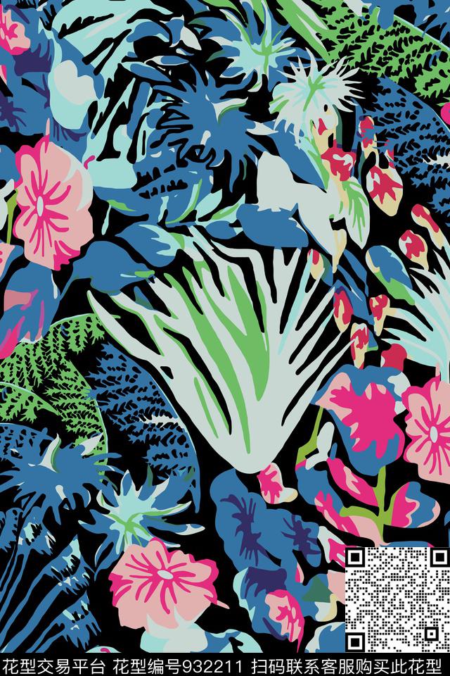 抽象花卉黑底花卉传统印花华亿平台下载（图片编号: 932211） - 瓦栏（Walan）