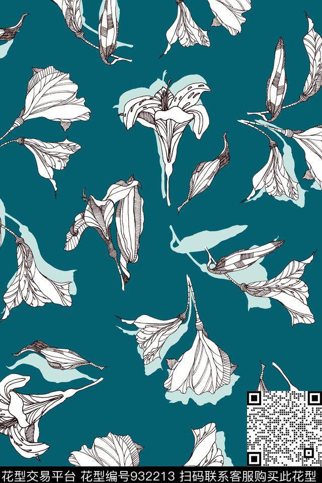花卉线条花卉手绘花卉数码印花华亿平台下载（图片编号: 932213） - 瓦栏（Walan）