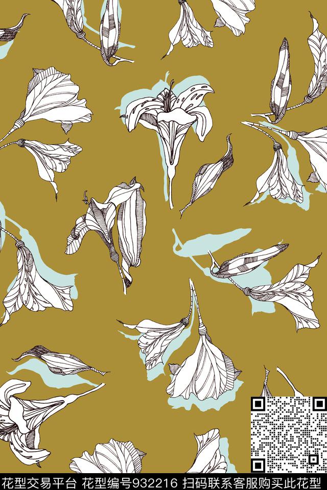 花卉线条花卉手绘花卉数码印花华亿平台下载（图片编号: 932216） - 瓦栏（Walan）