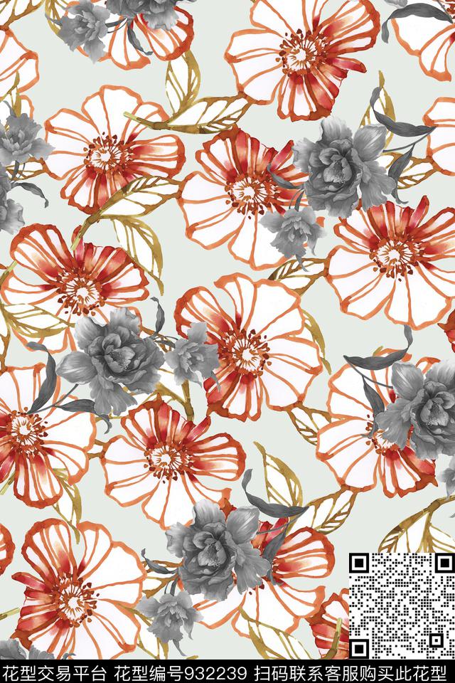花卉线条花卉牡丹数码印花华亿平台下载（图片编号: 932239） - 瓦栏（Walan）