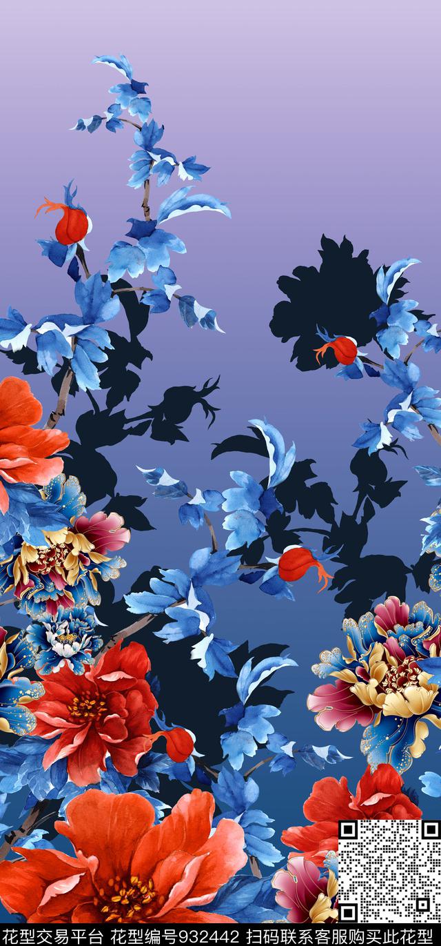 花卉定位花旗袍数码印花华亿平台下载（图片编号: 932442） - 瓦栏（Walan）